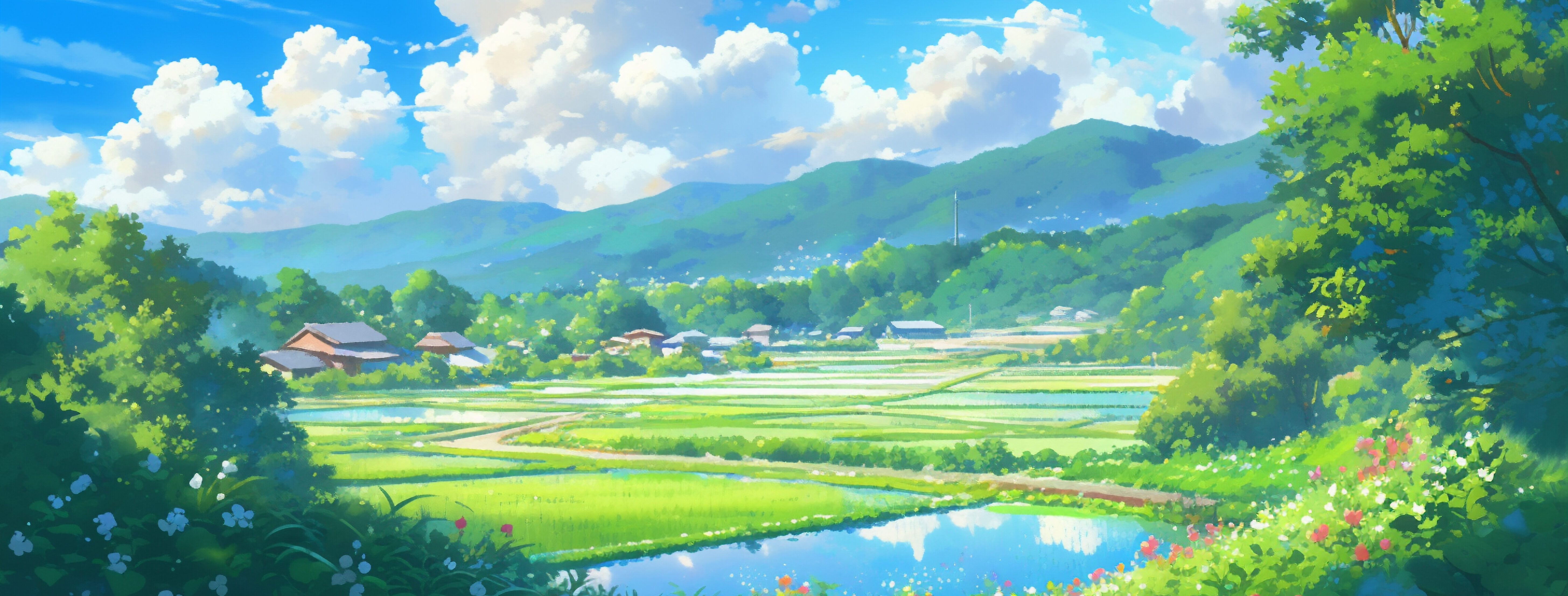 綺麗な青空と田舎のイラスト